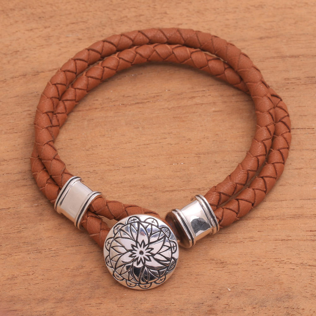 Leather Accent Sterling Silver Bracelet with Lotus Pendant - Lotus