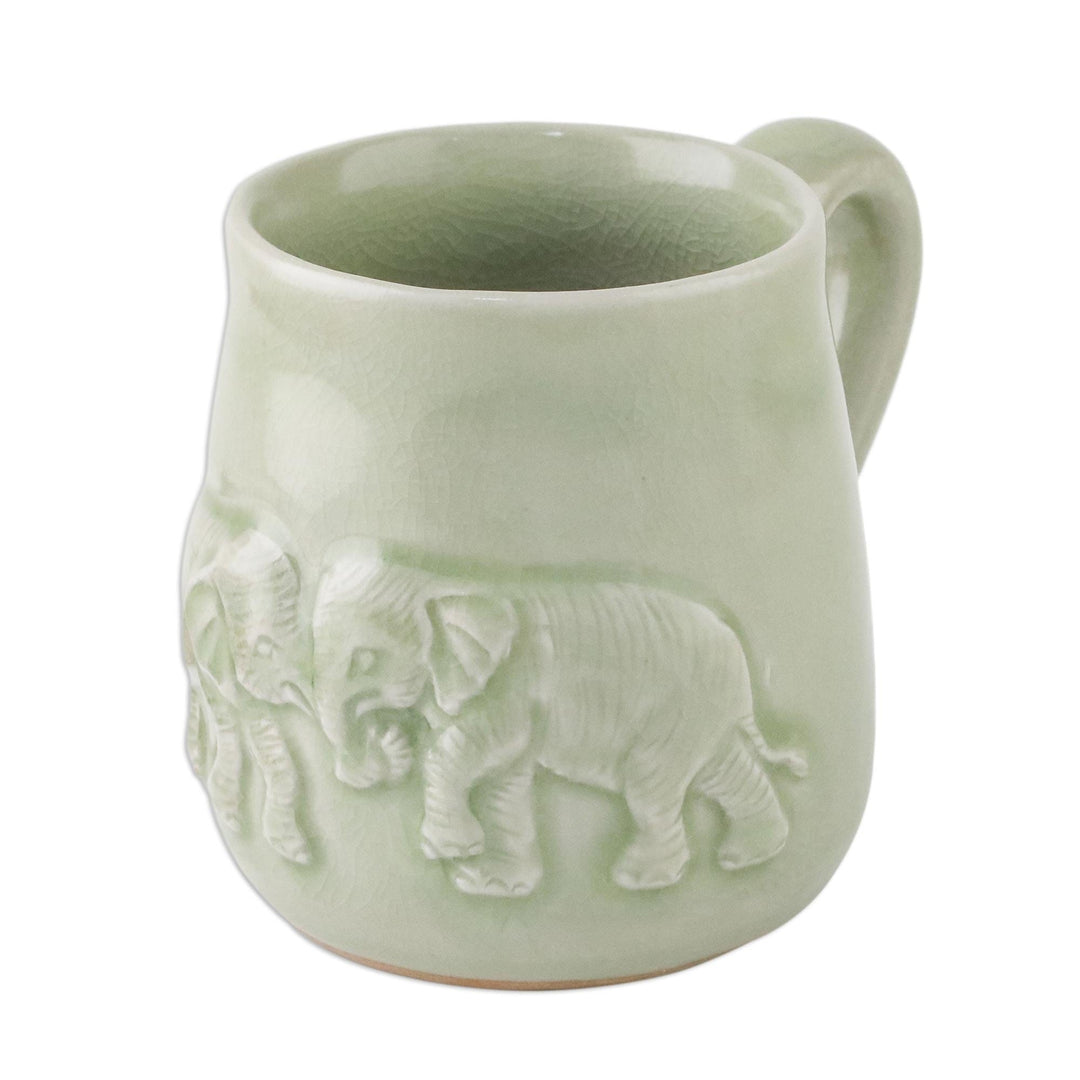 Elephant-Themed Celadon Ceramic Mug from Thailand - Playful Elephants