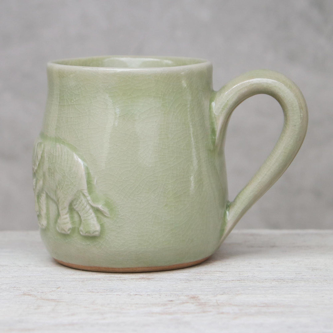 Elephant-Themed Celadon Ceramic Mug from Thailand - Playful Elephants