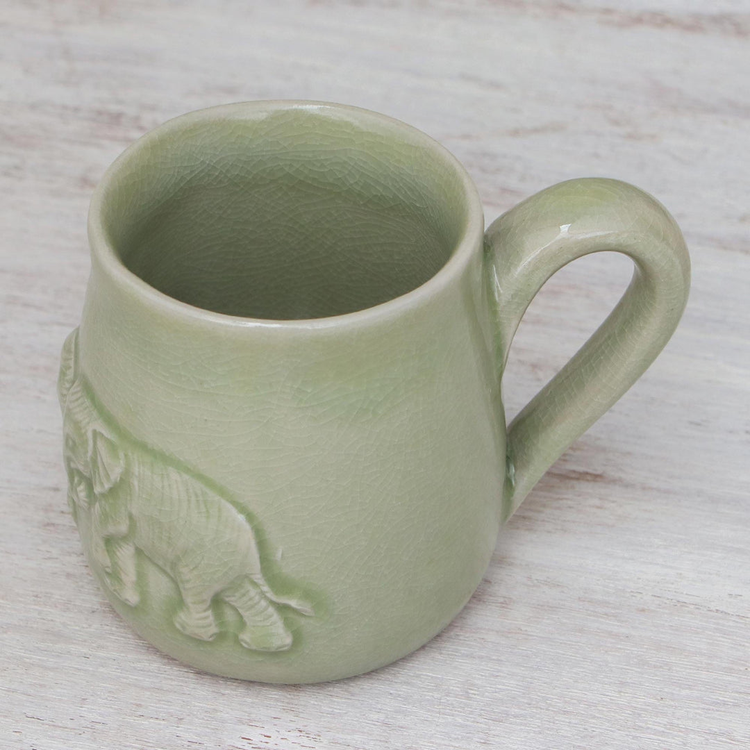 Elephant-Themed Celadon Ceramic Mug from Thailand - Playful Elephants