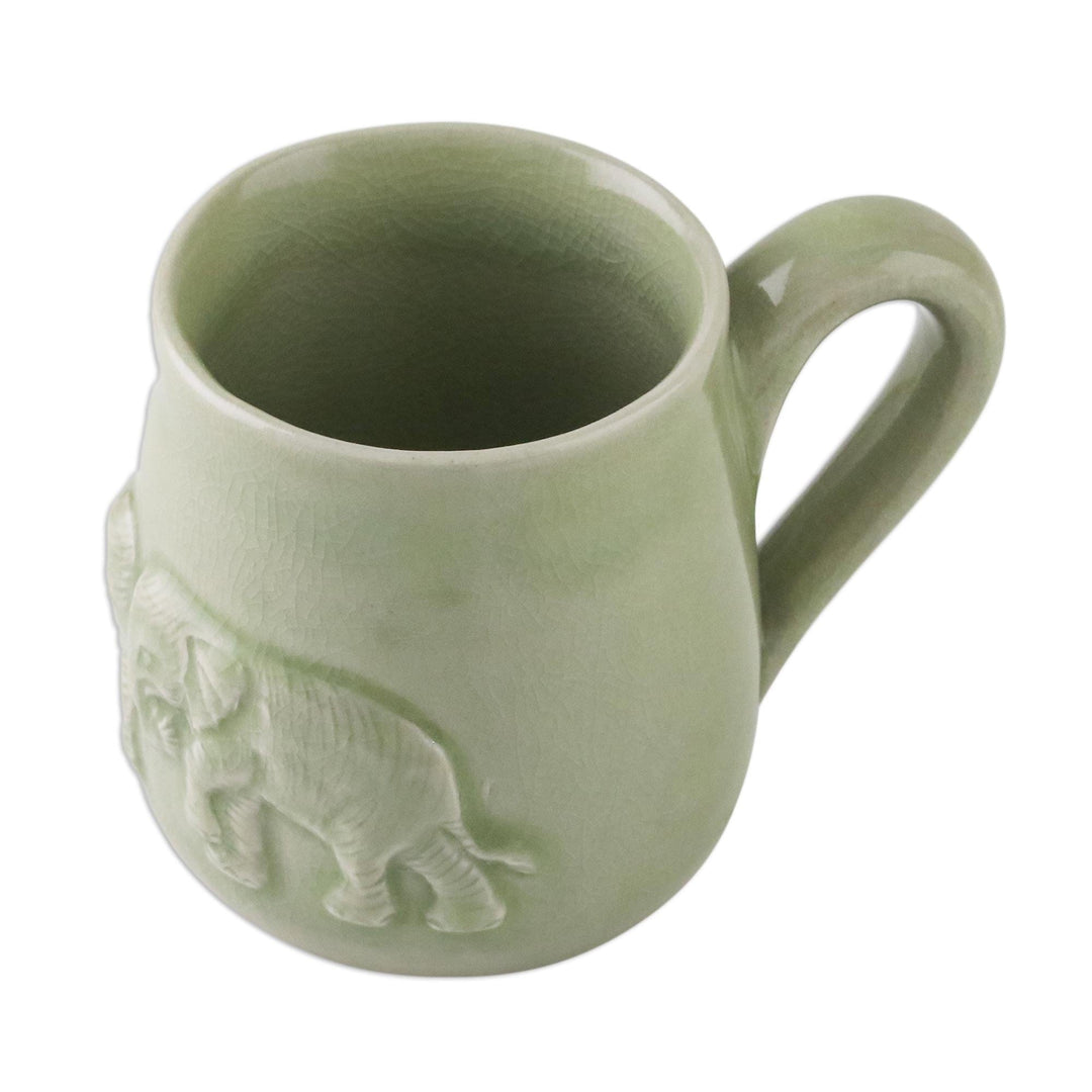 Elephant-Themed Celadon Ceramic Mug from Thailand - Playful Elephants