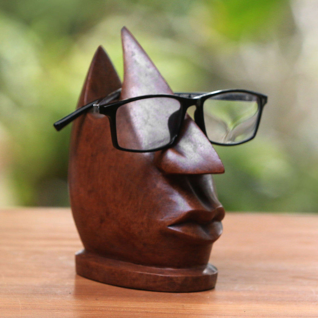 Wood Eyeglasses Stand in Light Brown from Bali - Prominent Nose in Light Brown