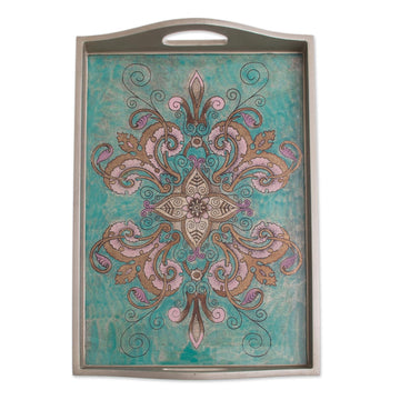 Floral Reverse-Painted Glass Tray - Enchanting Flowers in Teal