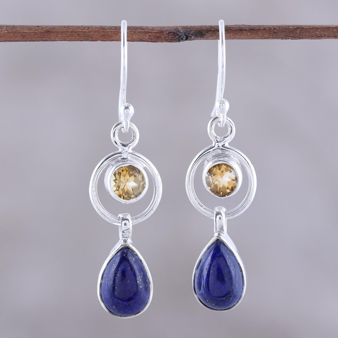 Lapis Lazuli and Citrine Dangle Earrings from India - Gleaming Midnight