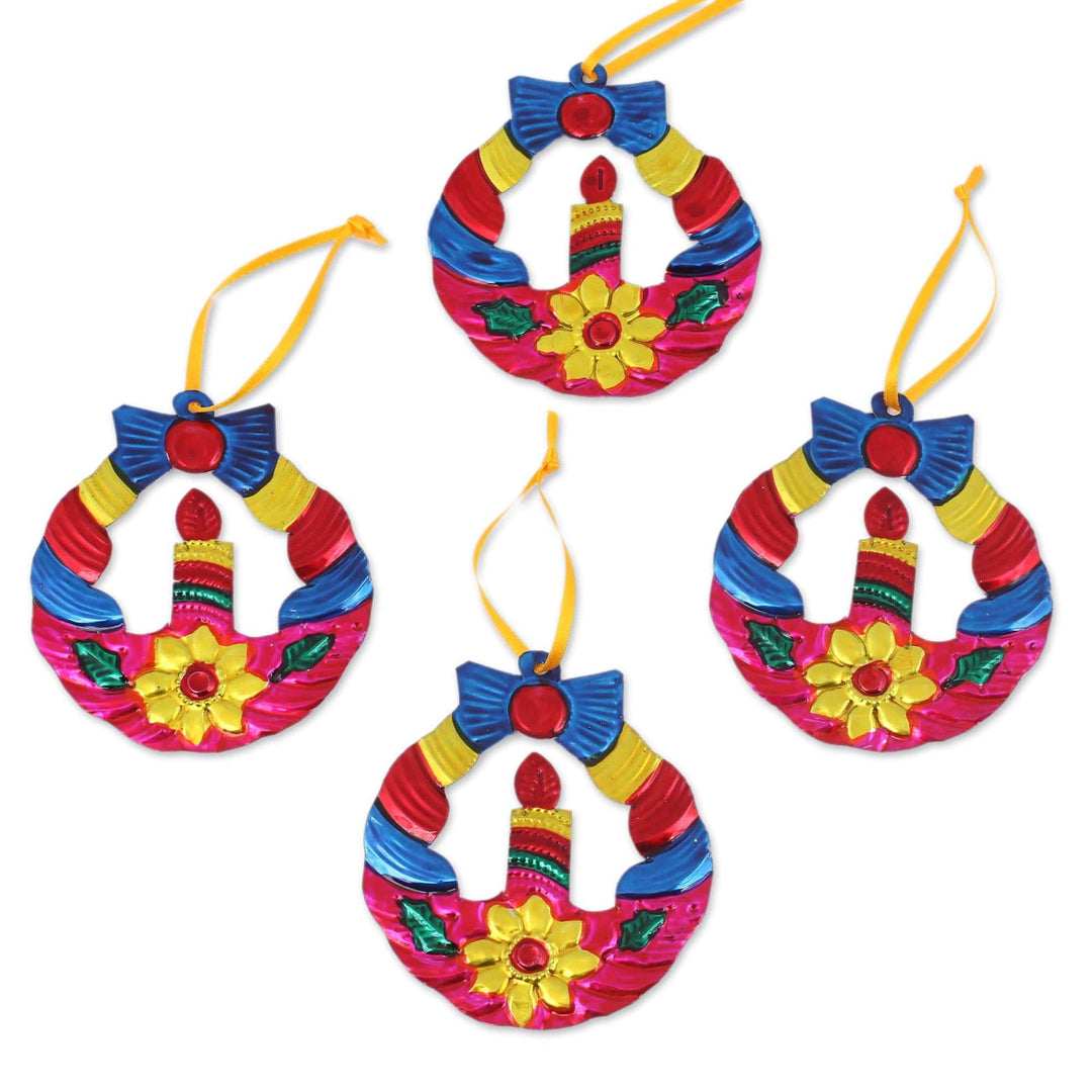 Hammered Tin Wreath Ornaments from Mexico (Set of 4) - Candlelit Wreaths in Fuchsia