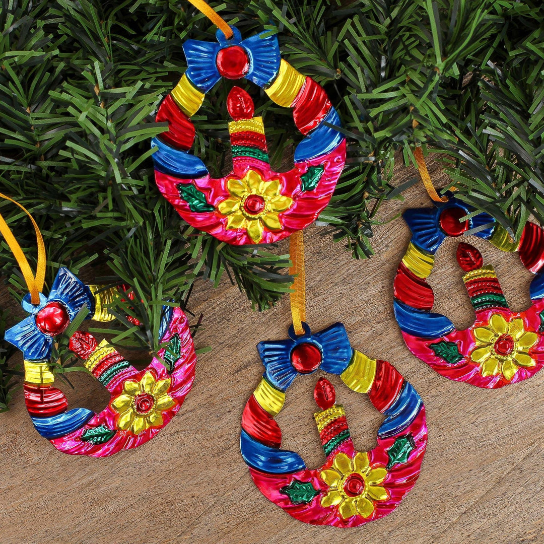 Hammered Tin Wreath Ornaments from Mexico (Set of 4) - Candlelit Wreaths in Fuchsia
