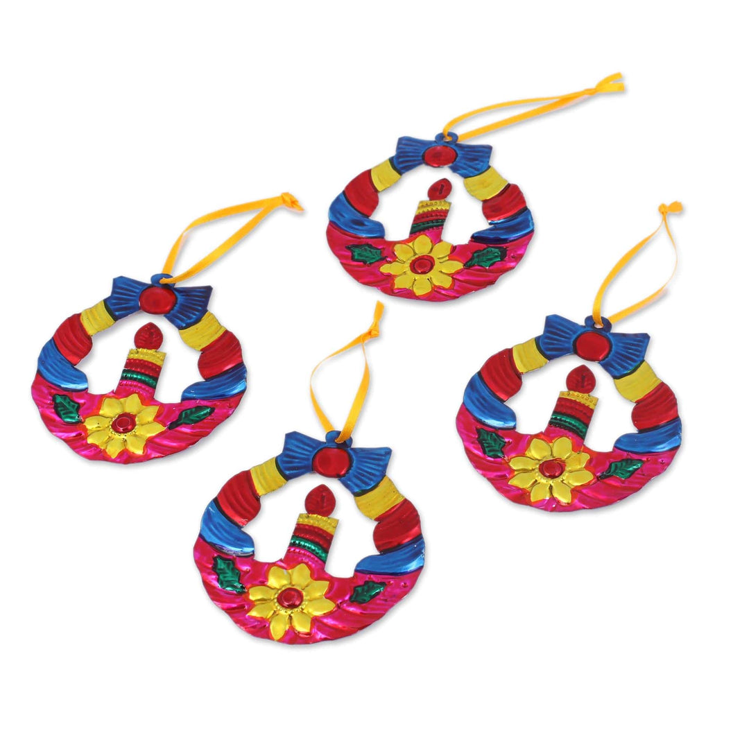 Hammered Tin Wreath Ornaments from Mexico (Set of 4) - Candlelit Wreaths in Fuchsia