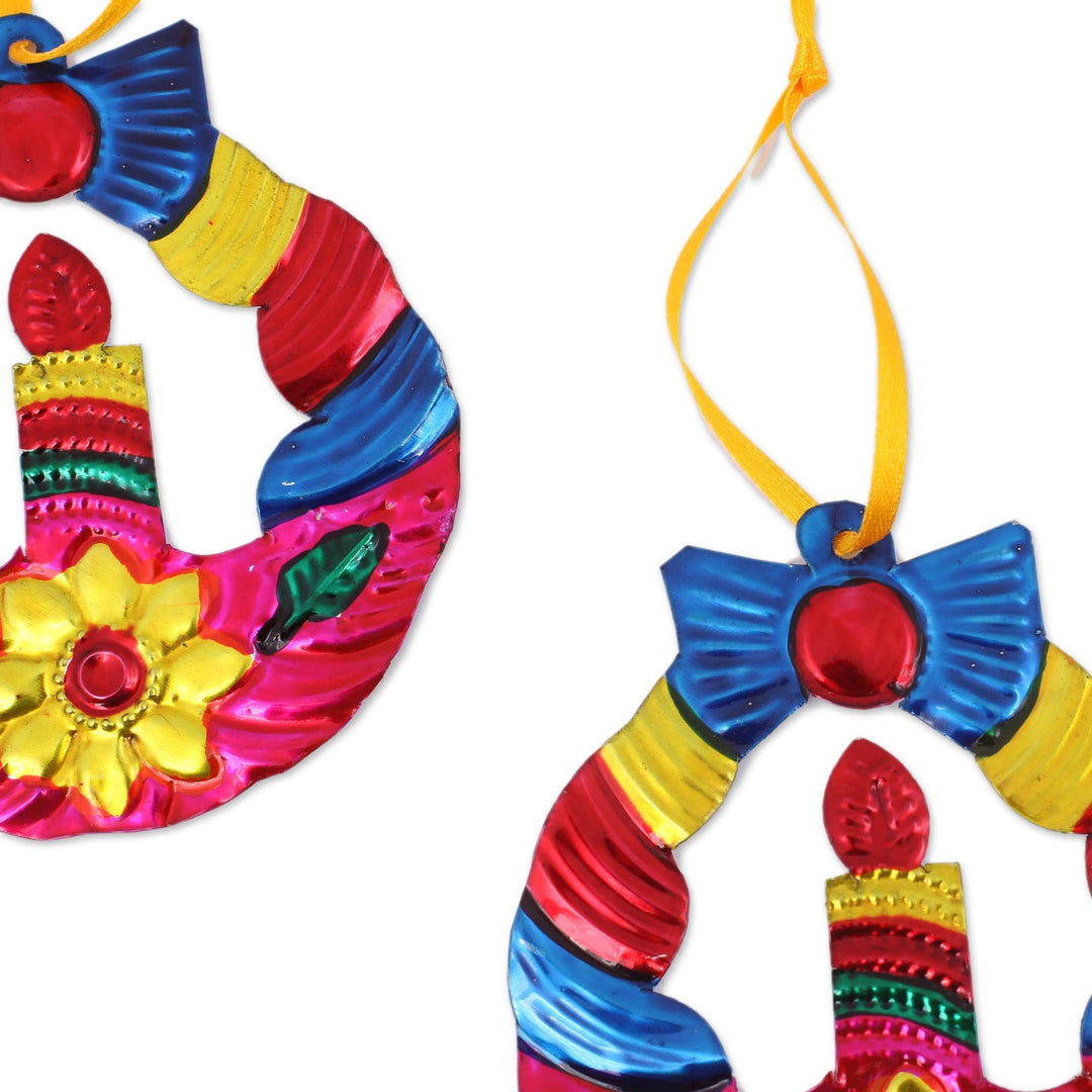 Hammered Tin Wreath Ornaments from Mexico (Set of 4) - Candlelit Wreaths in Fuchsia