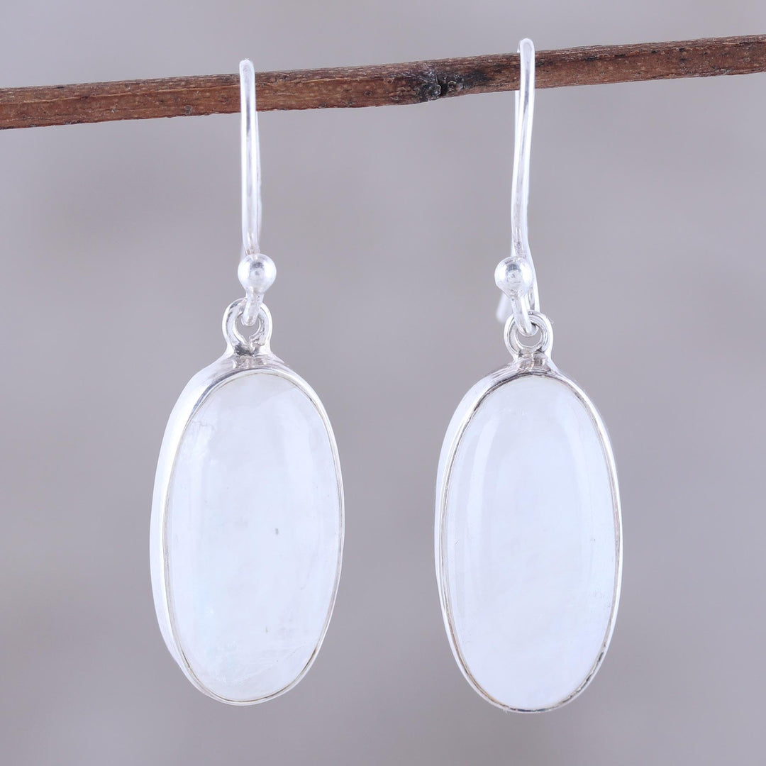 Oval Rainbow Moonstone Dangle Earrings - Dashing Beauty