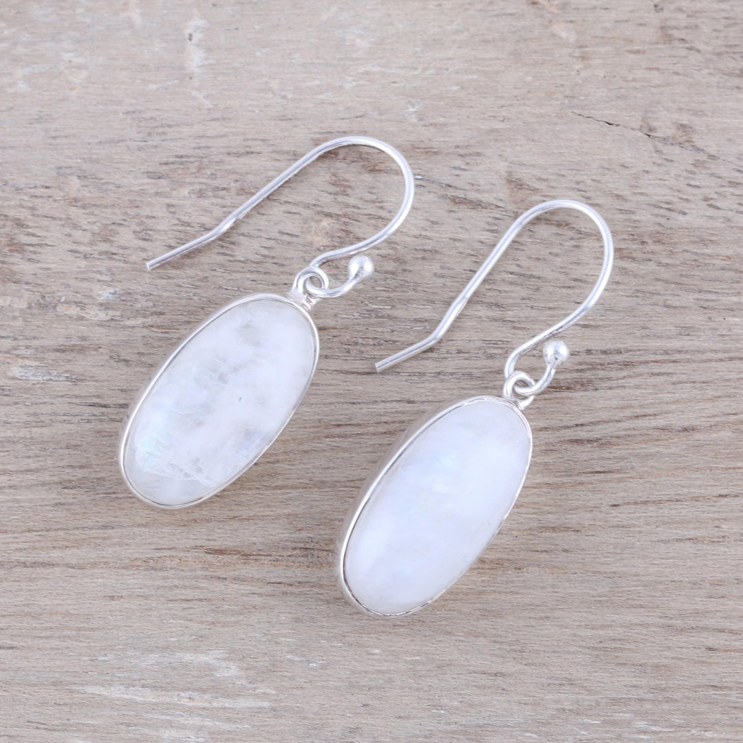 Oval Rainbow Moonstone Dangle Earrings - Dashing Beauty