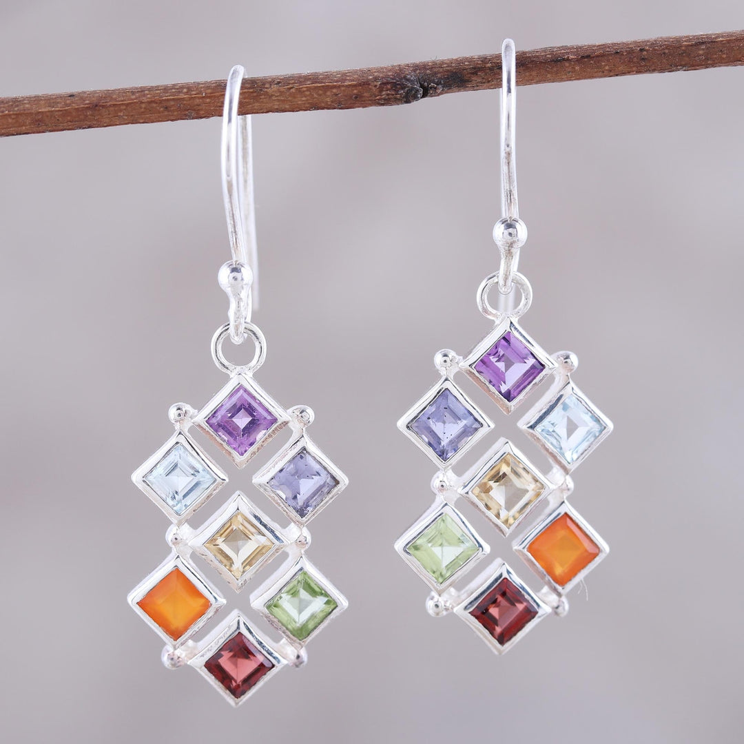 Multi-Gemstone Chakra Dangle Earrings from India - Wellness