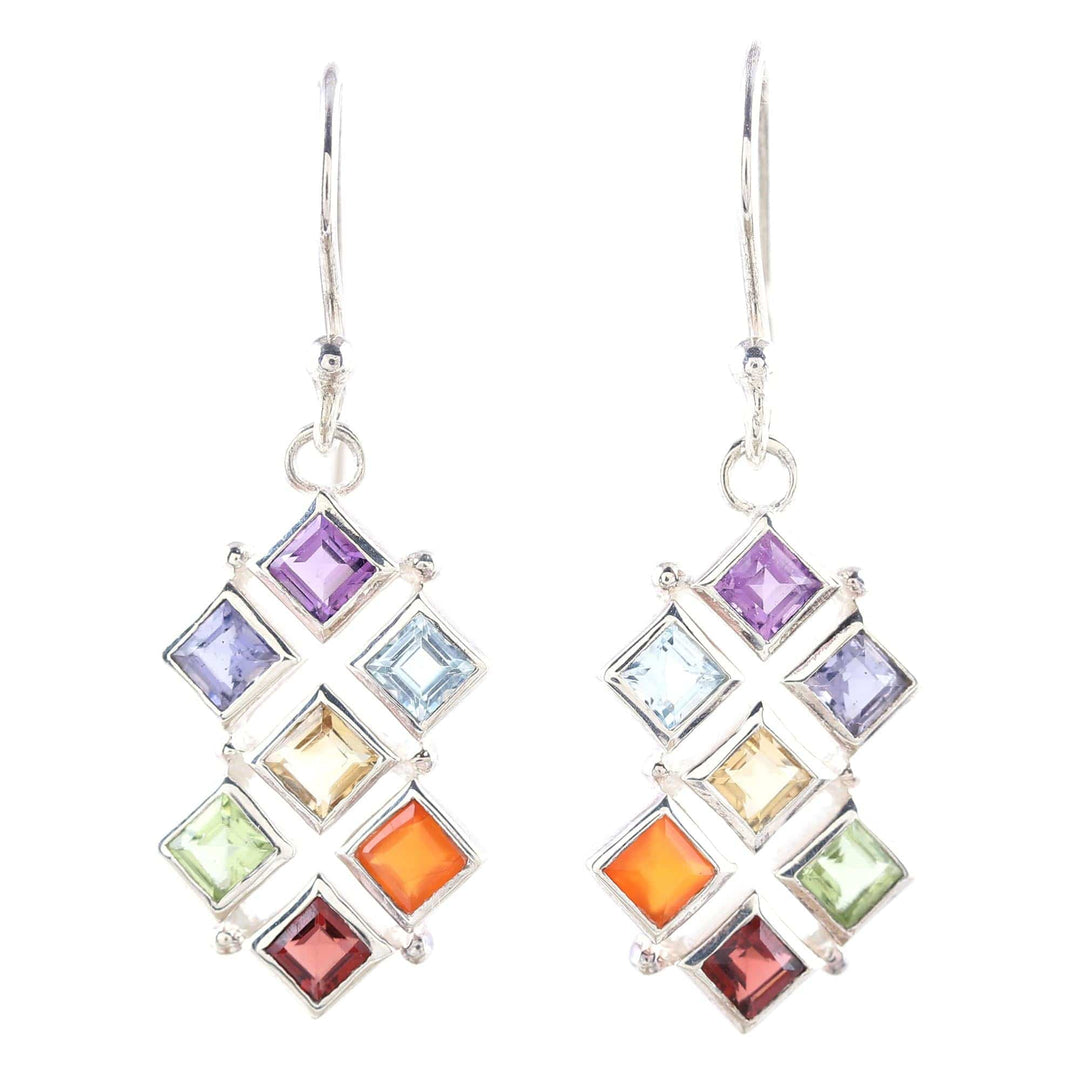 Multi-Gemstone Chakra Dangle Earrings from India - Wellness