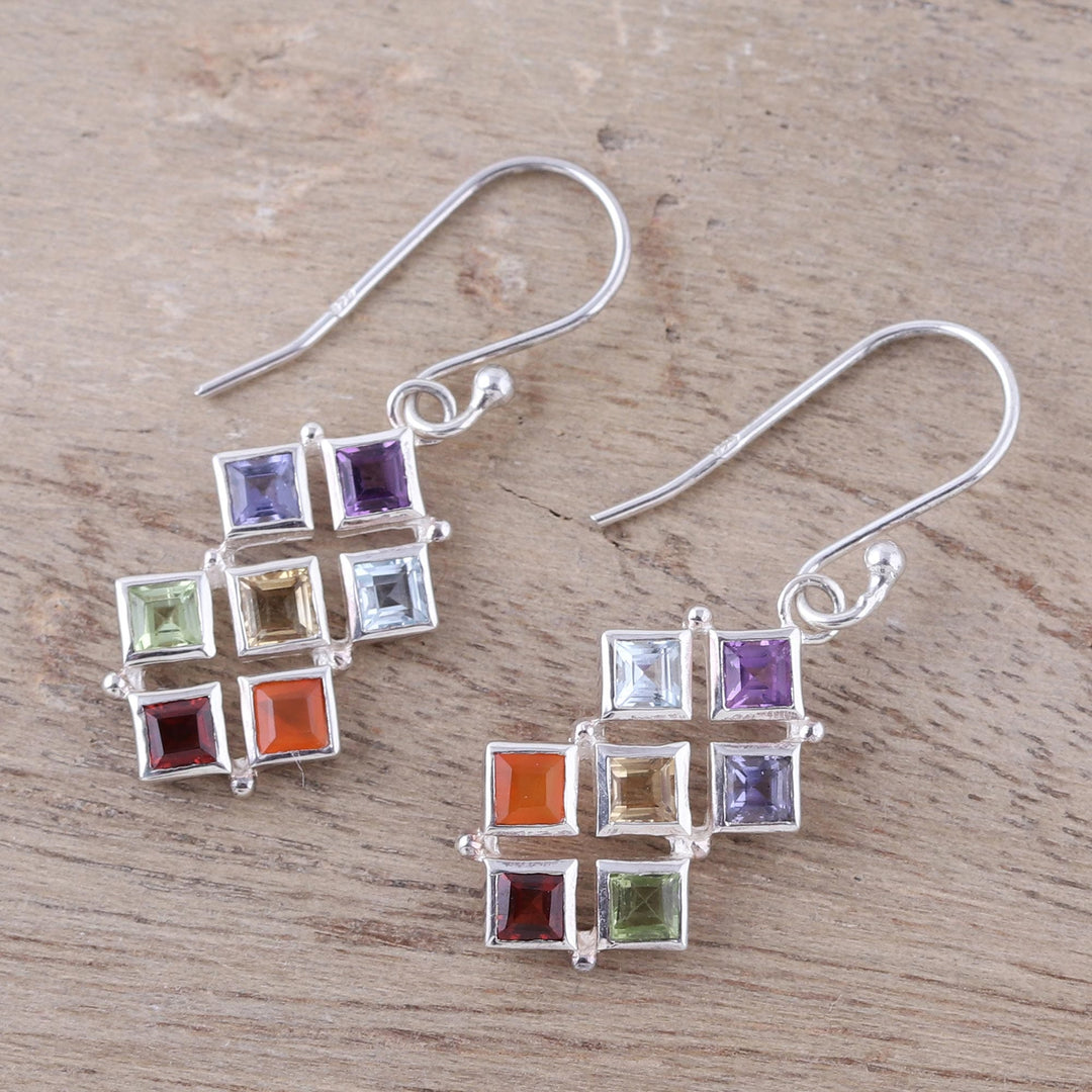 Multi-Gemstone Chakra Dangle Earrings from India - Wellness