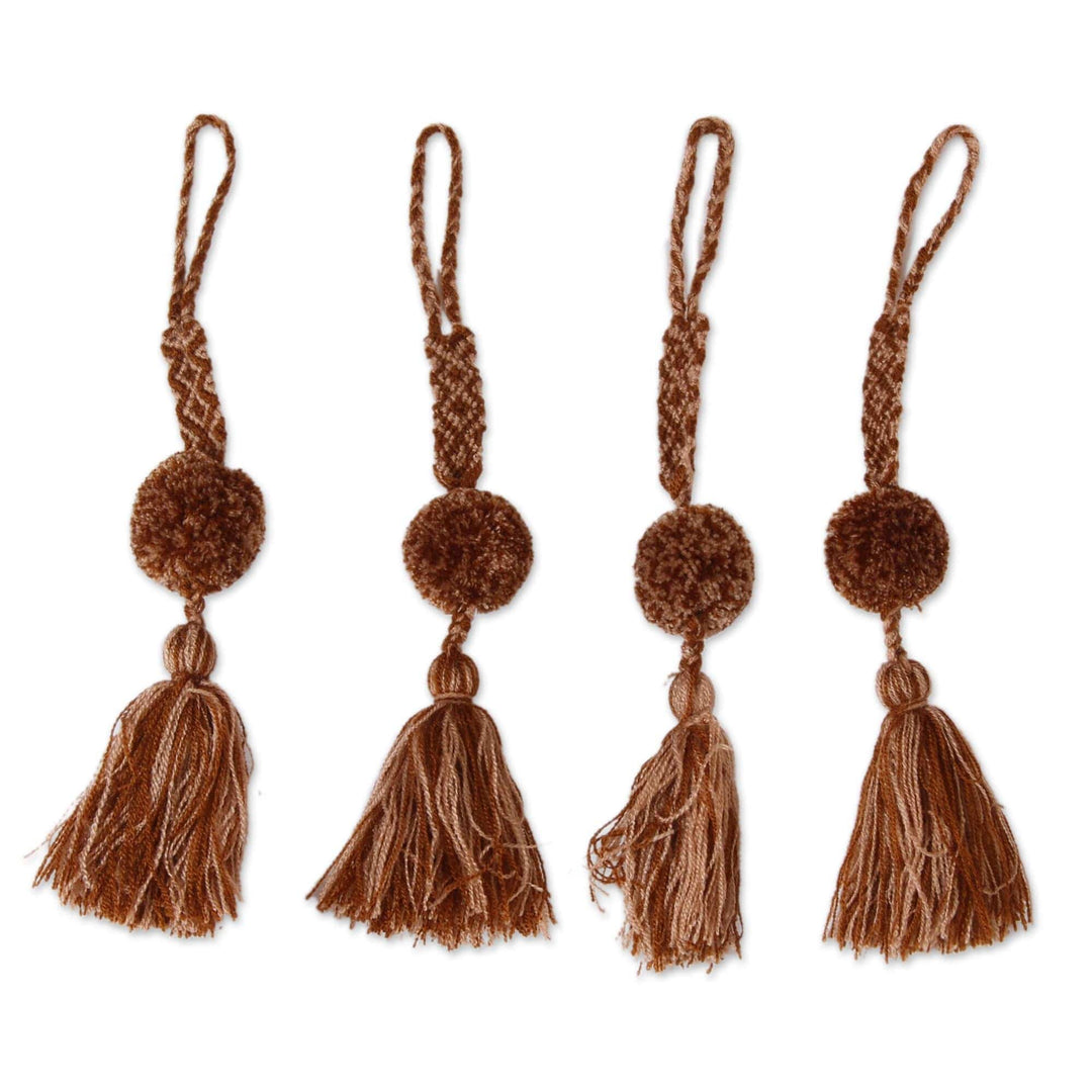 Handcrafted Spice Brown Cotton Pompom Tassels (Set of 4) - Spiced Latte