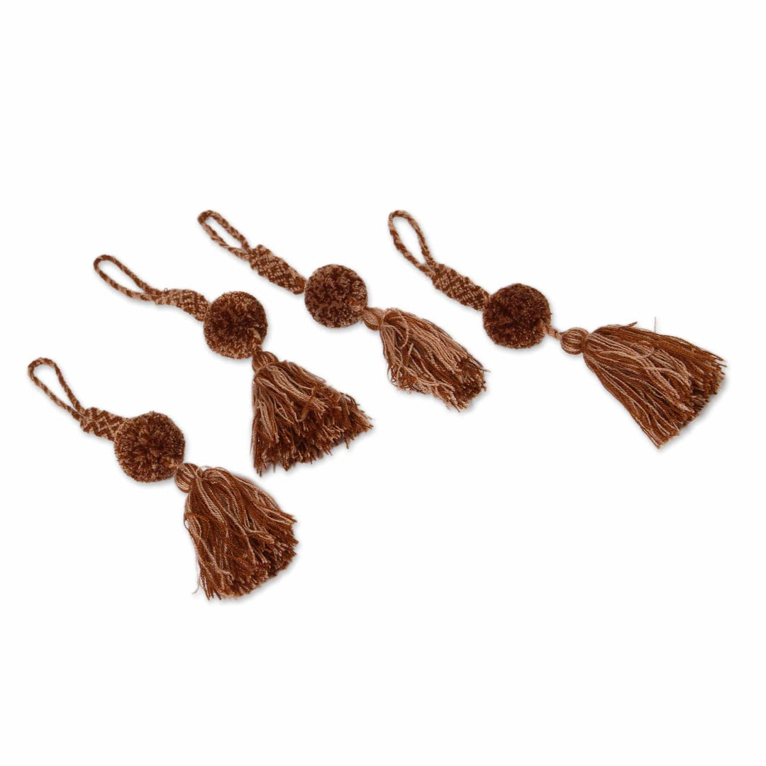 Handcrafted Spice Brown Cotton Pompom Tassels (Set of 4) - Spiced Latte