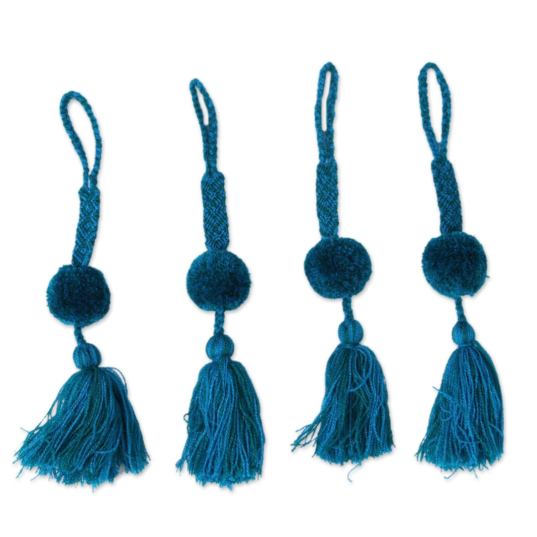 Handcrafted Blue and Green Cotton Pompom Tassels (Set of 4) - Flowing Waters
