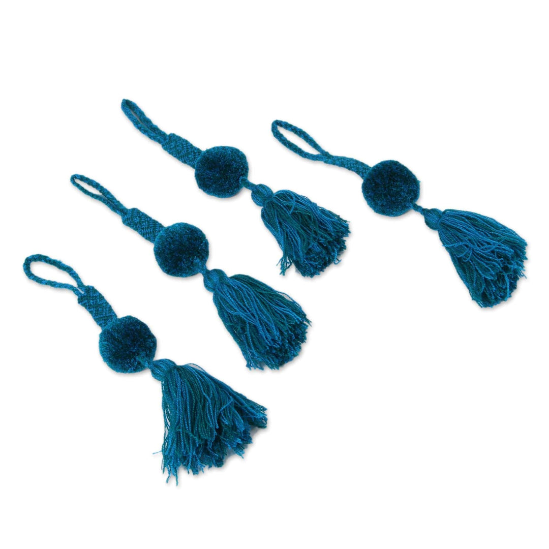 Handcrafted Blue and Green Cotton Pompom Tassels (Set of 4) - Flowing Waters