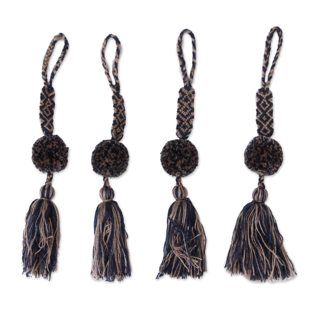 Handcrafted Navy and Beige Cotton Pompom Tassels (Set of 4) - Deep Sea Foam