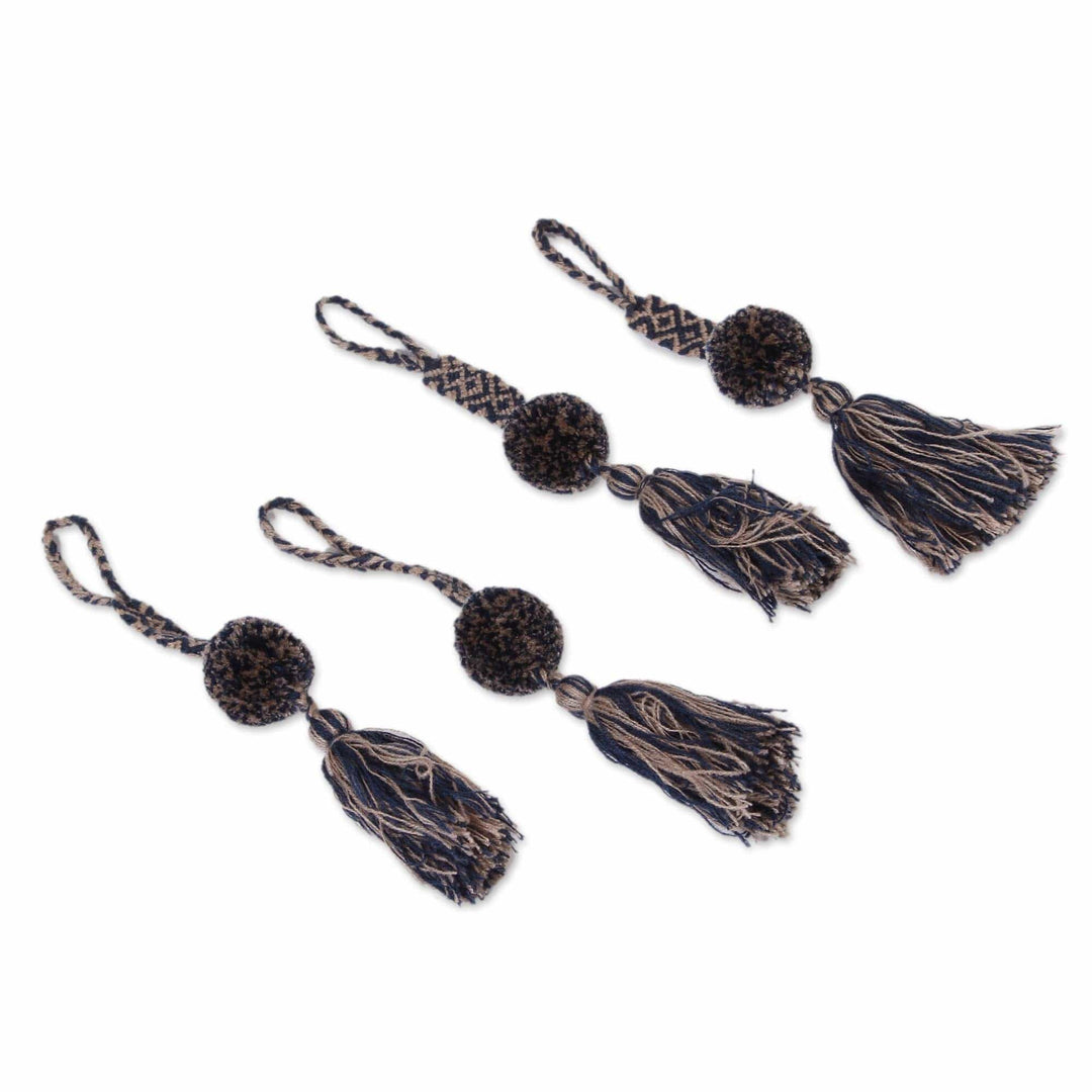 Handcrafted Navy and Beige Cotton Pompom Tassels (Set of 4) - Deep Sea Foam