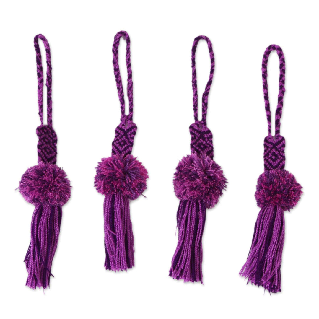 Handcrafted Purple Cotton Pompom Tassels (Set of 4) - Very Berry