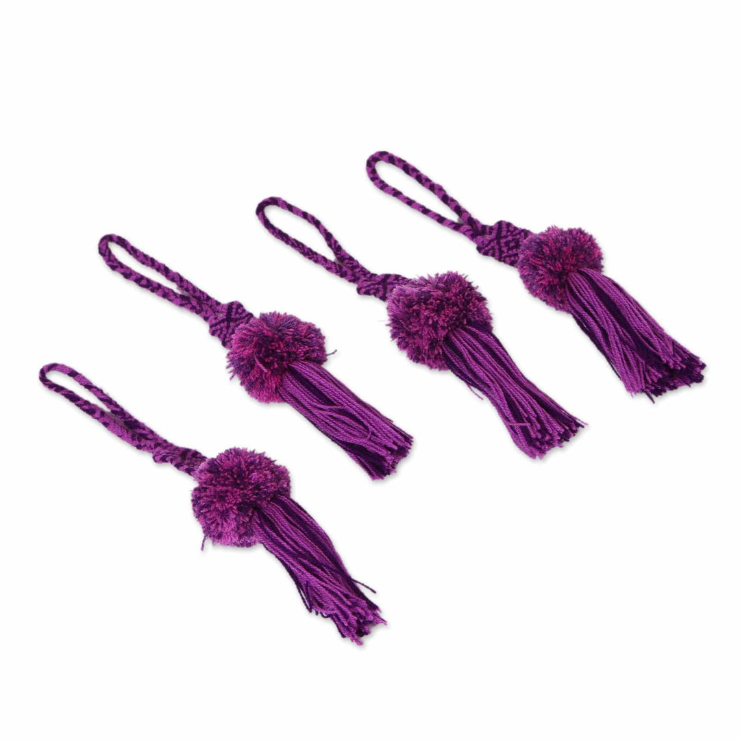 Handcrafted Purple Cotton Pompom Tassels (Set of 4) - Very Berry