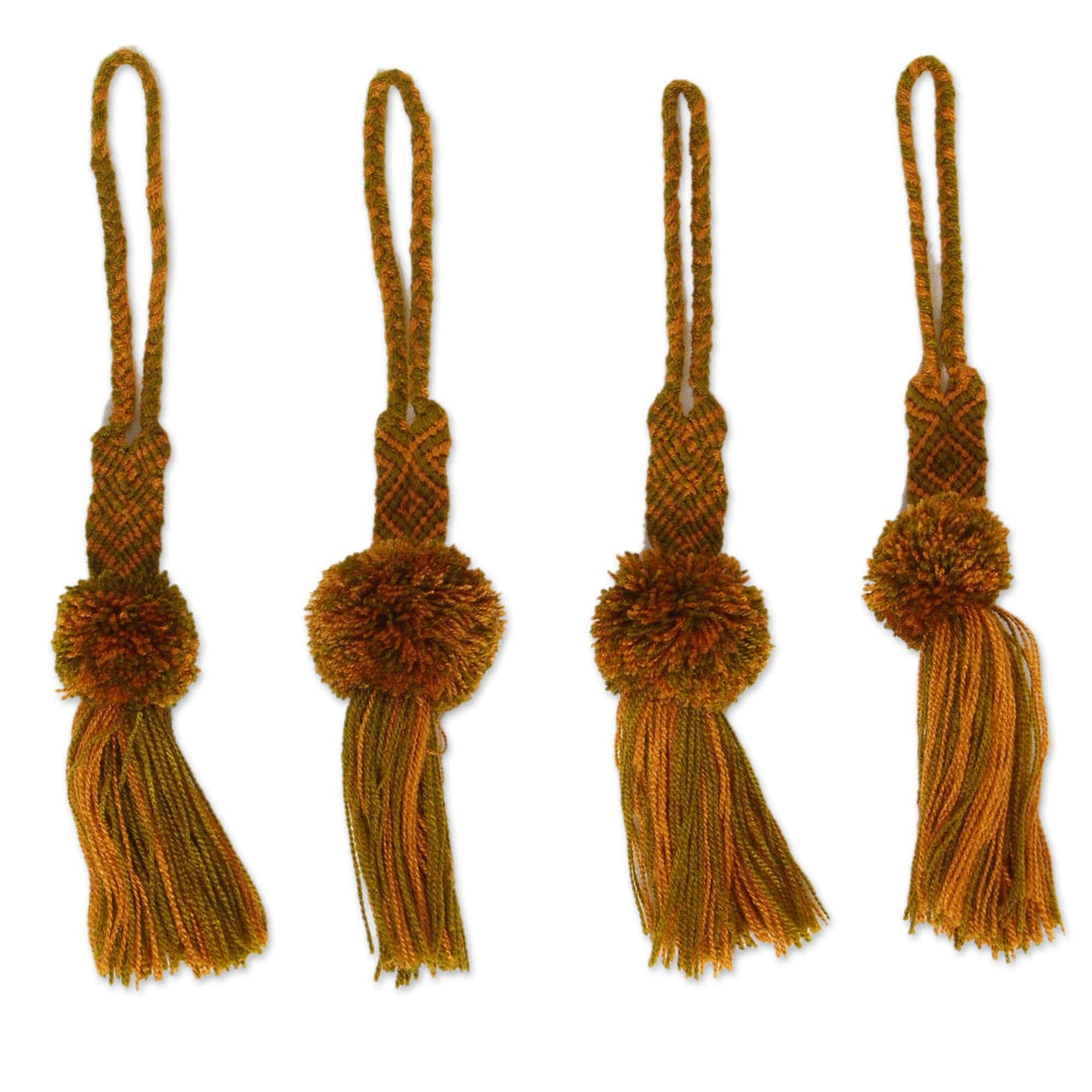 Handcrafted Gold and Green Cotton Pompom Tassels (Set of 4) - Harvest Leaves