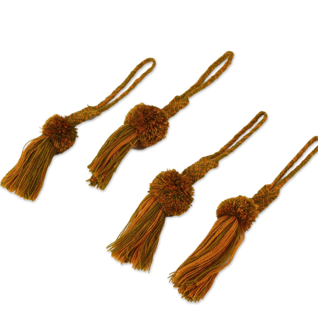 Handcrafted Gold and Green Cotton Pompom Tassels (Set of 4) - Harvest Leaves