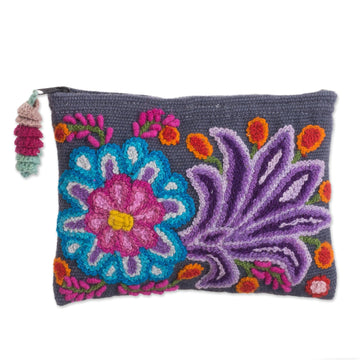 Embroidered Floral Alpaca Clutch in Slate - Midnight Delight