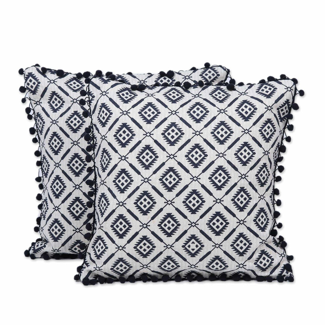 Navy Blue Geometric Motif Cotton Cushion Covers (Pair) - Delhi Diamonds