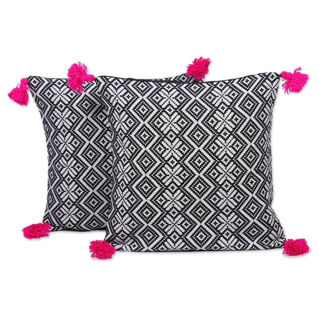 Two Black and White Geometric Motif Cotton Cushion Covers - Bedazzle