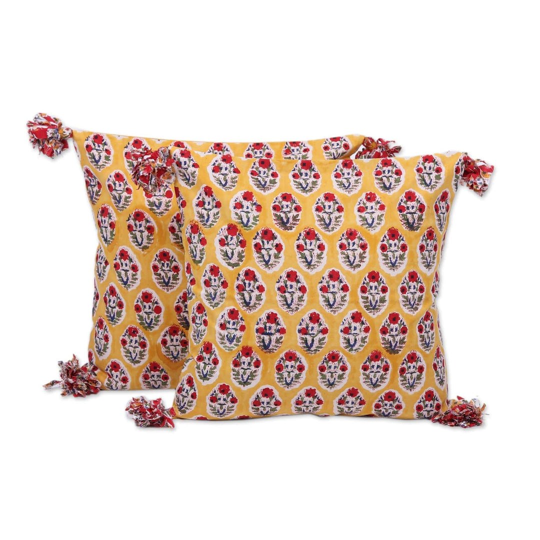 Floral Ochre Cotton Cushion Covers (Pair) - Floral Oasis in Ochre