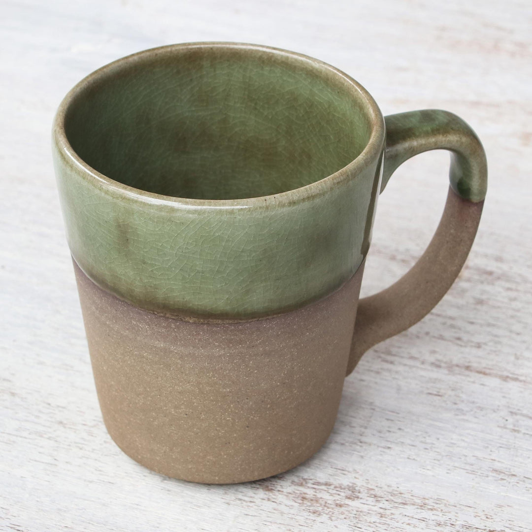 Handcrafted Brown and Green Two-Tone Ceramic Mug - Green Patina
