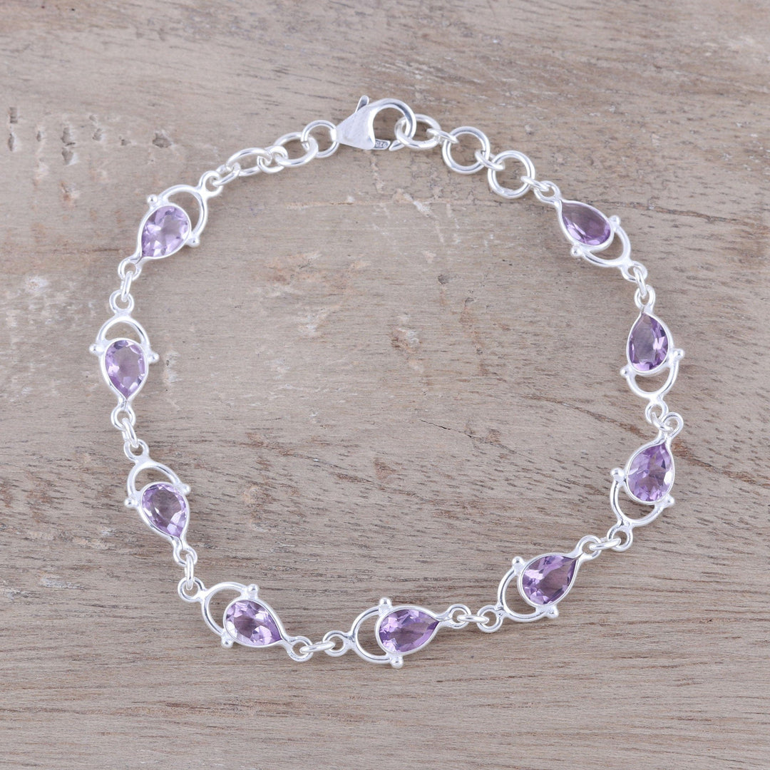 Sterling Silver and Purple Faceted Amethyst Link Bracelet - Teardrop Tendrils