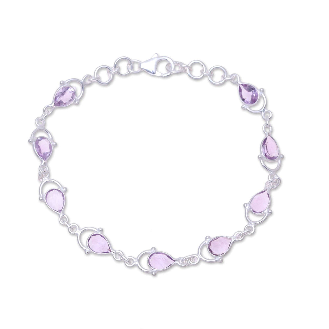 Sterling Silver and Purple Faceted Amethyst Link Bracelet - Teardrop Tendrils