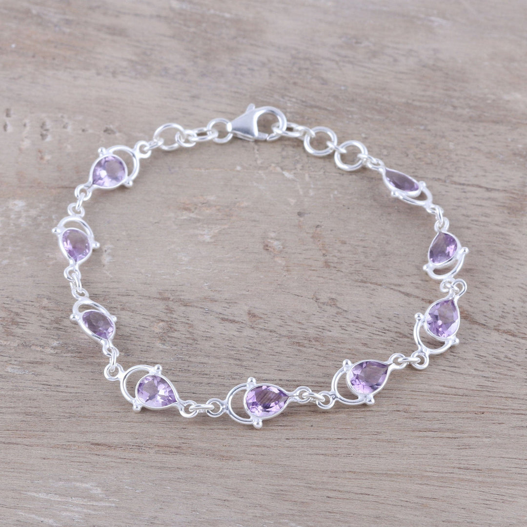Sterling Silver and Purple Faceted Amethyst Link Bracelet - Teardrop Tendrils