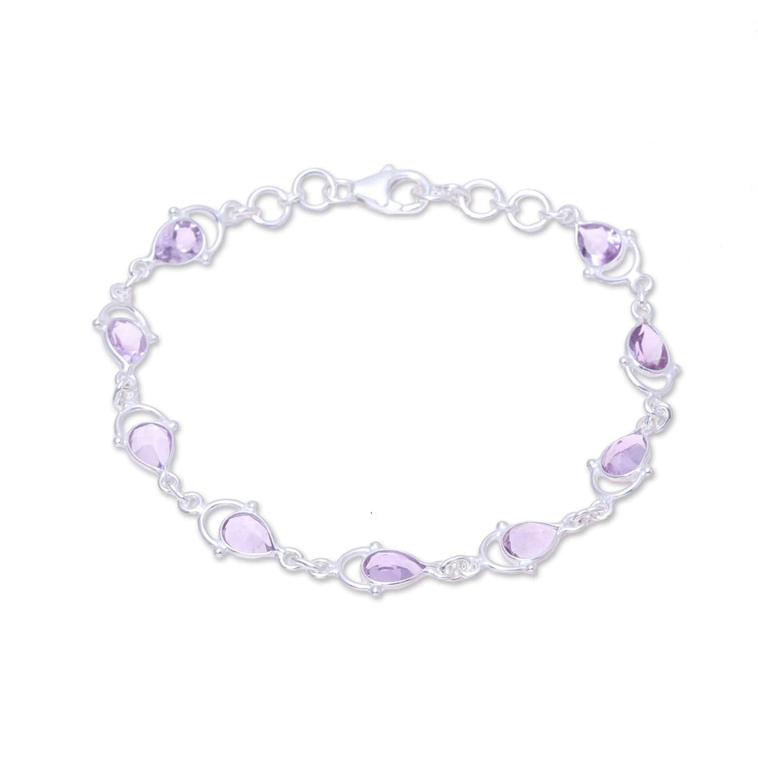 Sterling Silver and Purple Faceted Amethyst Link Bracelet - Teardrop Tendrils