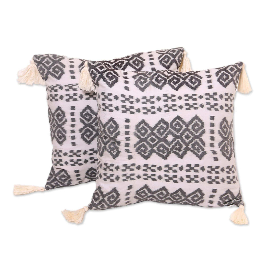Ikat Cotton Cushion Covers in Smoke and Eggshell (Pair) - Respati Pandu