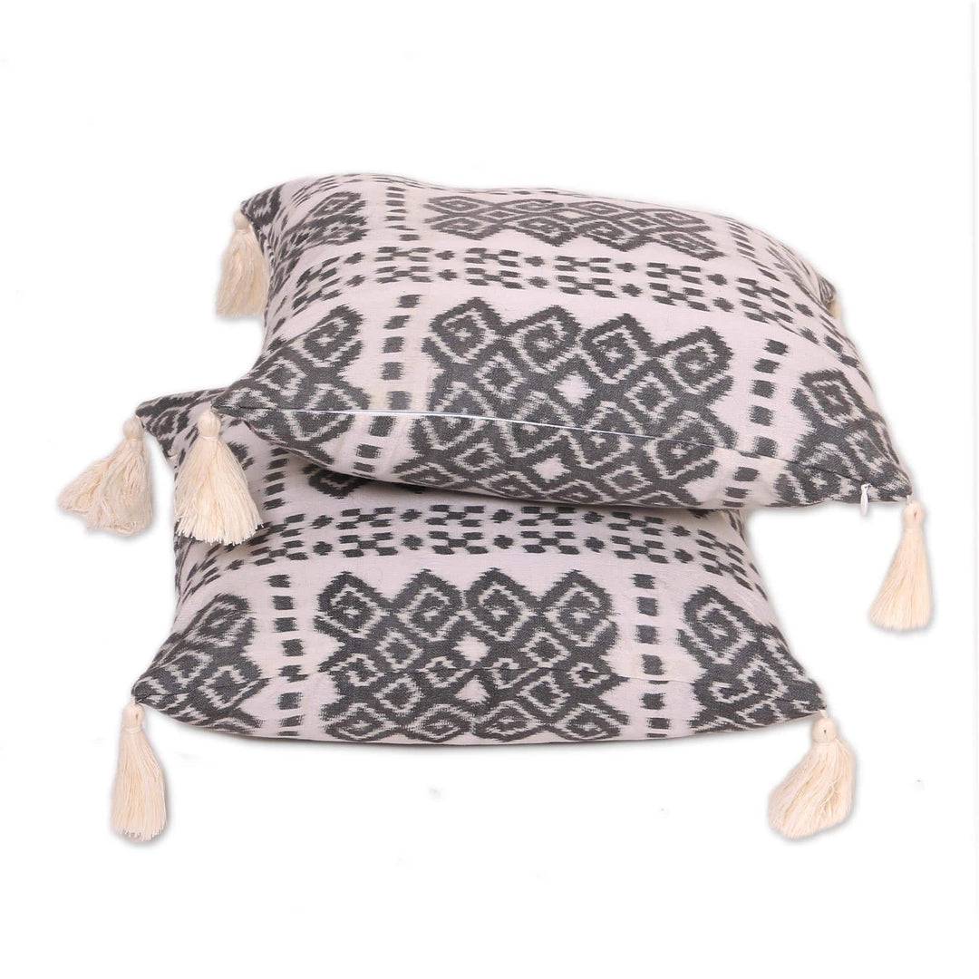 Ikat Cotton Cushion Covers in Smoke and Eggshell (Pair) - Respati Pandu