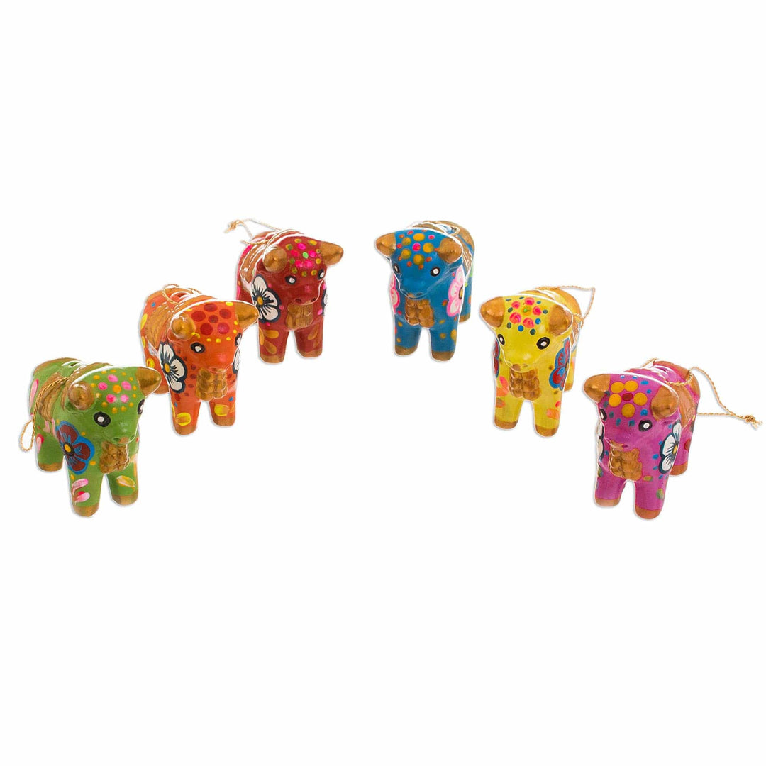 Hand-Painted Ceramic Bull Ornaments from Peru (Set of 6) - Torito de Pucara