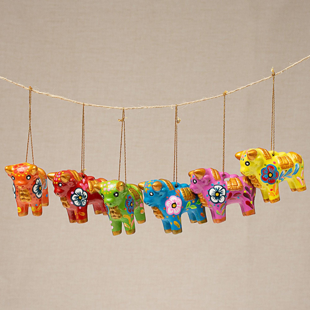 Hand-Painted Ceramic Bull Ornaments from Peru (Set of 6) - Torito de Pucara