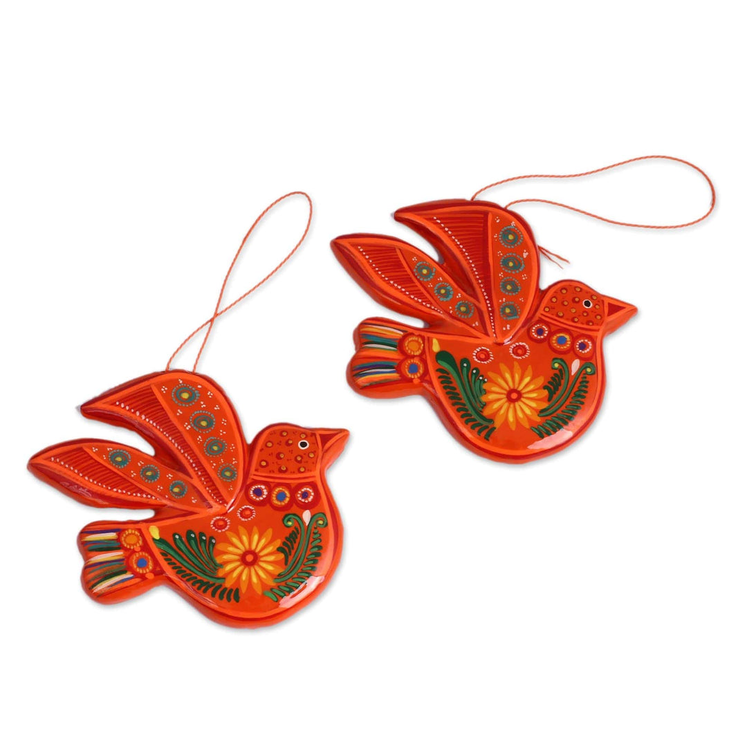 Colorful Flowers on Orange Ceramic Dove Ornaments (Pair) - Orange Doves