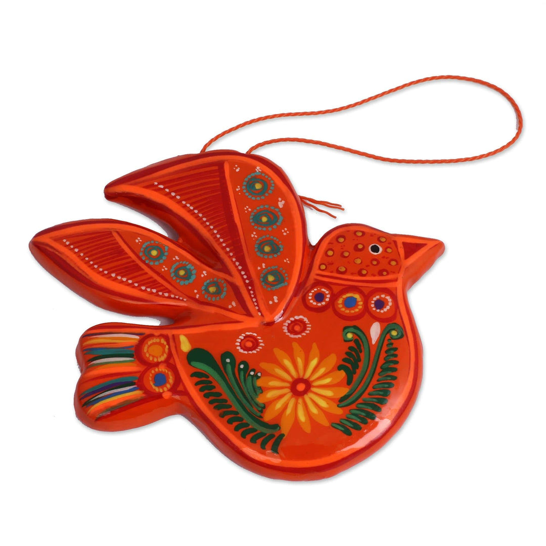 Colorful Flowers on Orange Ceramic Dove Ornaments (Pair) - Orange Doves