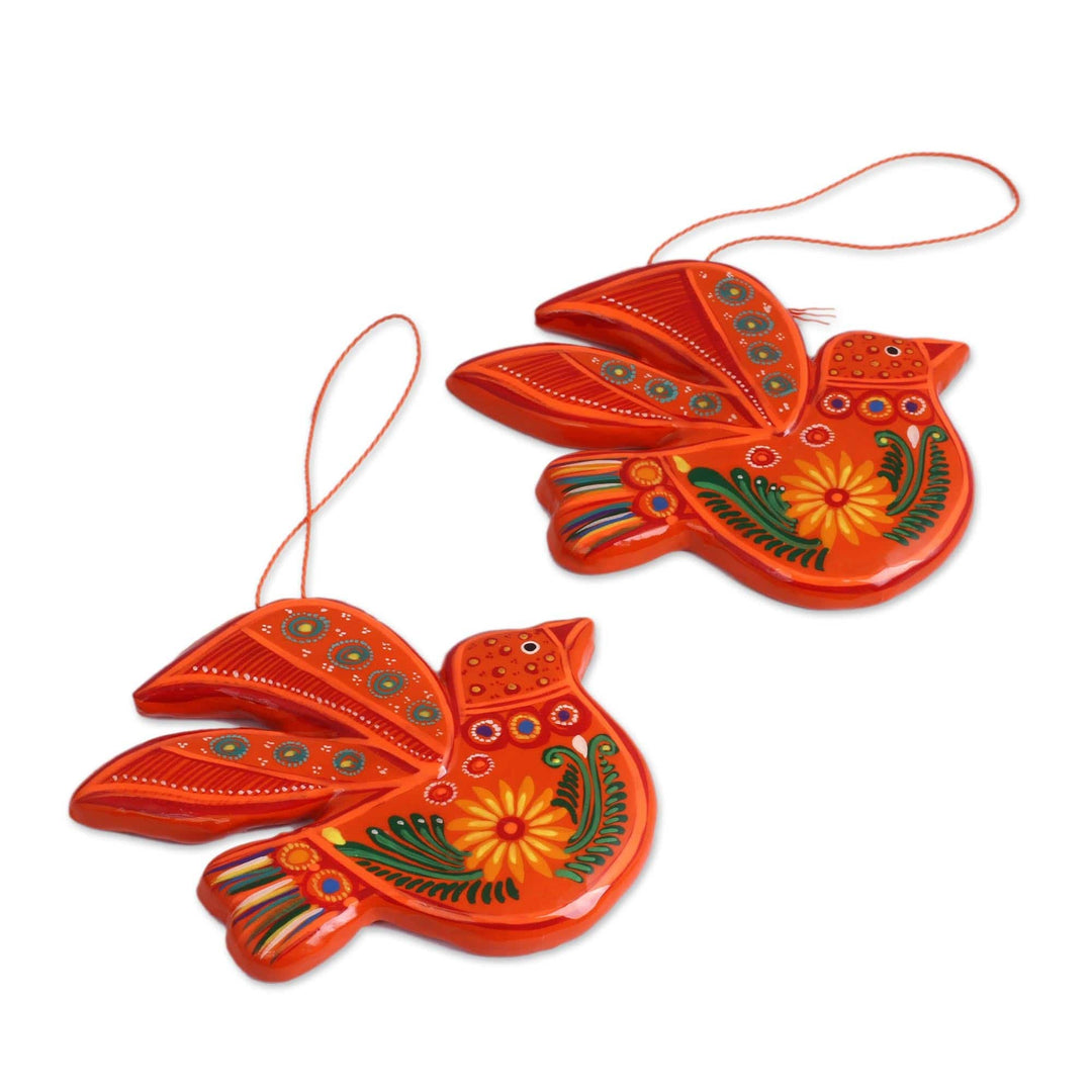 Colorful Flowers on Orange Ceramic Dove Ornaments (Pair) - Orange Doves