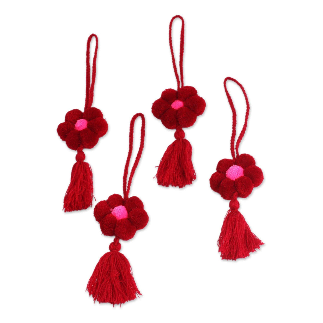 Floral Cotton Ornaments in Cherry from Mexico (Set of 4) - Flower Festivity in Cherry