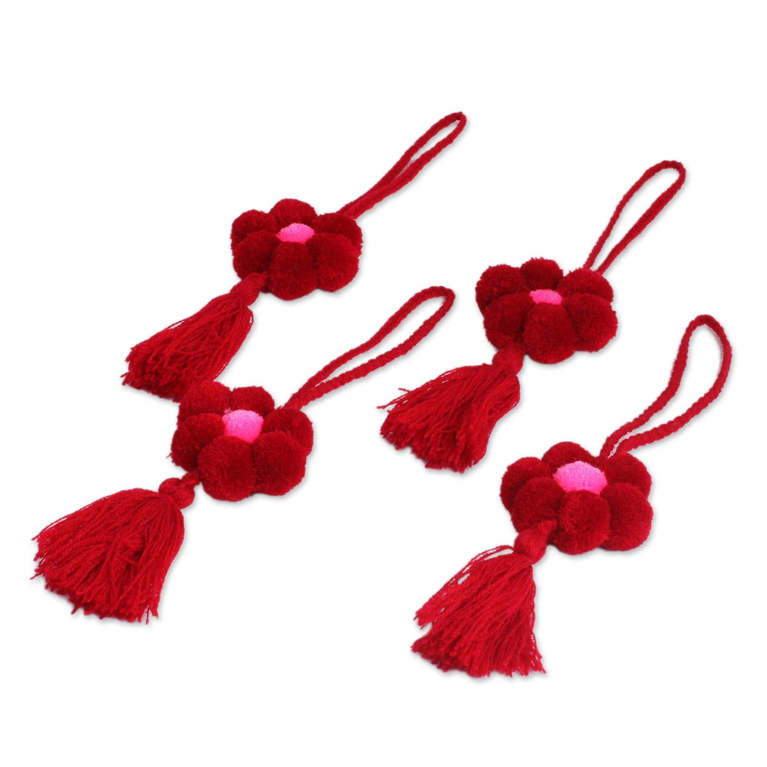 Floral Cotton Ornaments in Cherry from Mexico (Set of 4) - Flower Festivity in Cherry