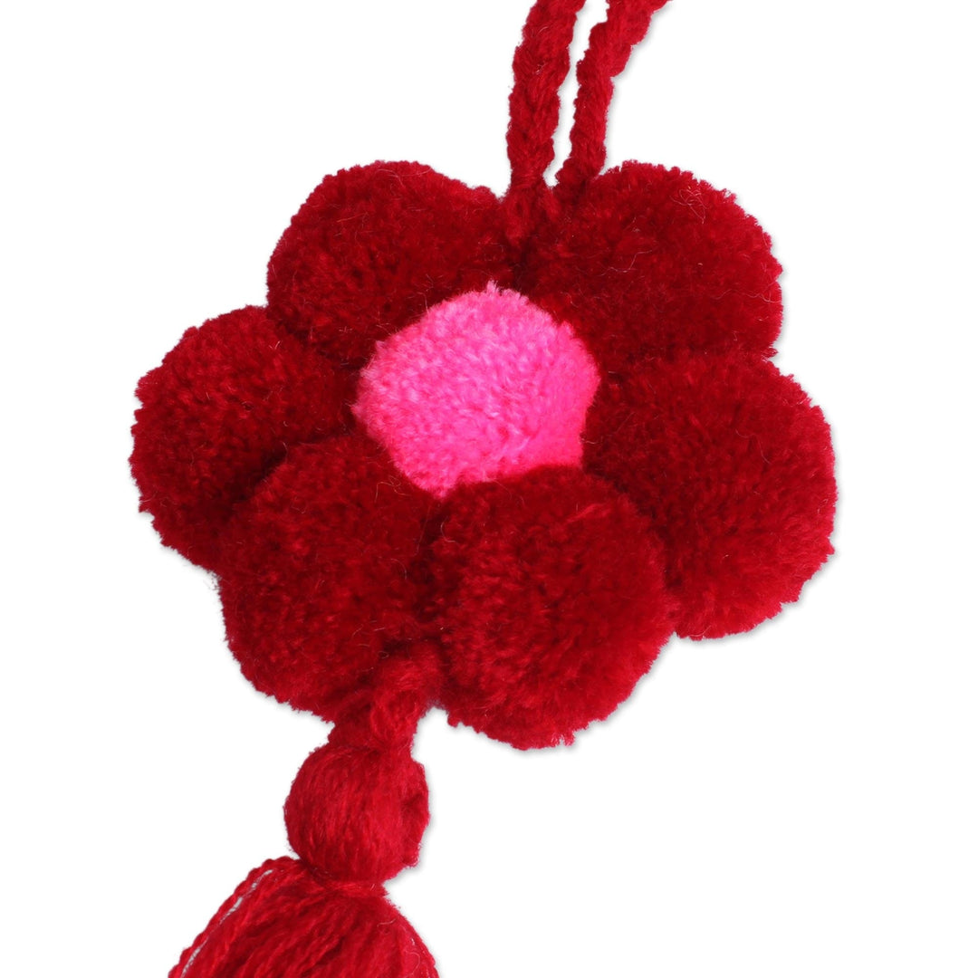 Floral Cotton Ornaments in Cherry from Mexico (Set of 4) - Flower Festivity in Cherry
