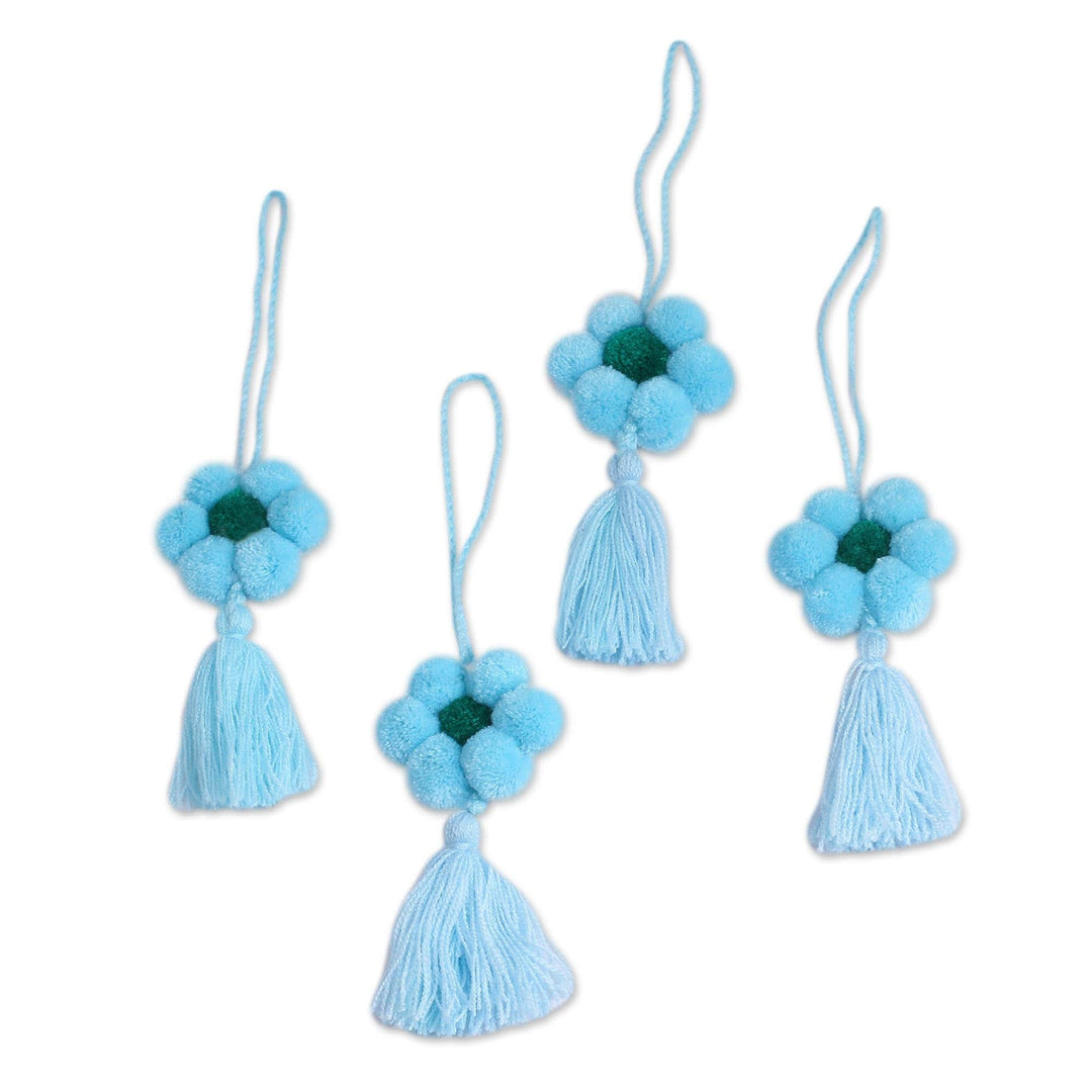 Floral Cotton Ornaments in Cerulean from Mexico (Set of 4) - Flower Festivity in Cerulean