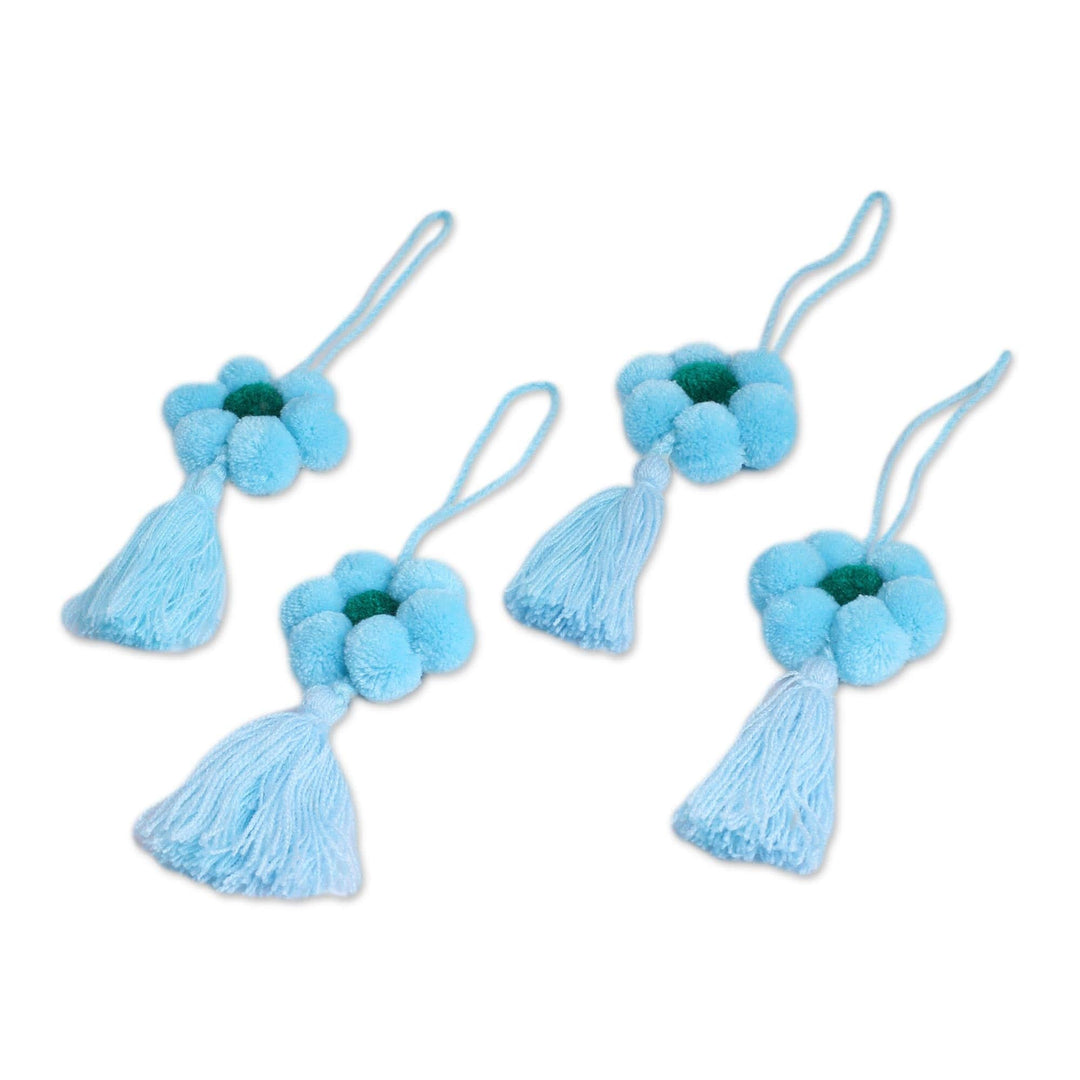 Floral Cotton Ornaments in Cerulean from Mexico (Set of 4) - Flower Festivity in Cerulean