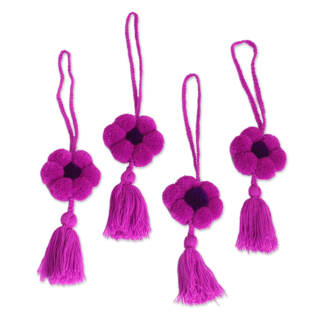 Floral Cotton Ornaments in Magenta from Mexico (Set of 4) - Flower Festivity in Magenta