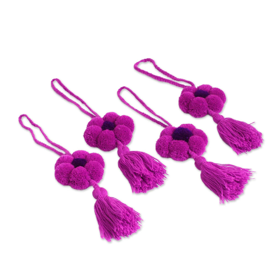 Floral Cotton Ornaments in Magenta from Mexico (Set of 4) - Flower Festivity in Magenta